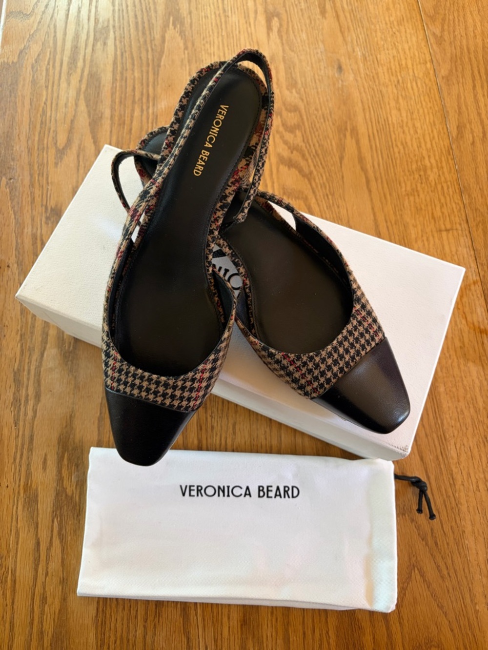 Veronica Beard Black Leather & Multicolor Houndstooth Slingback Flats